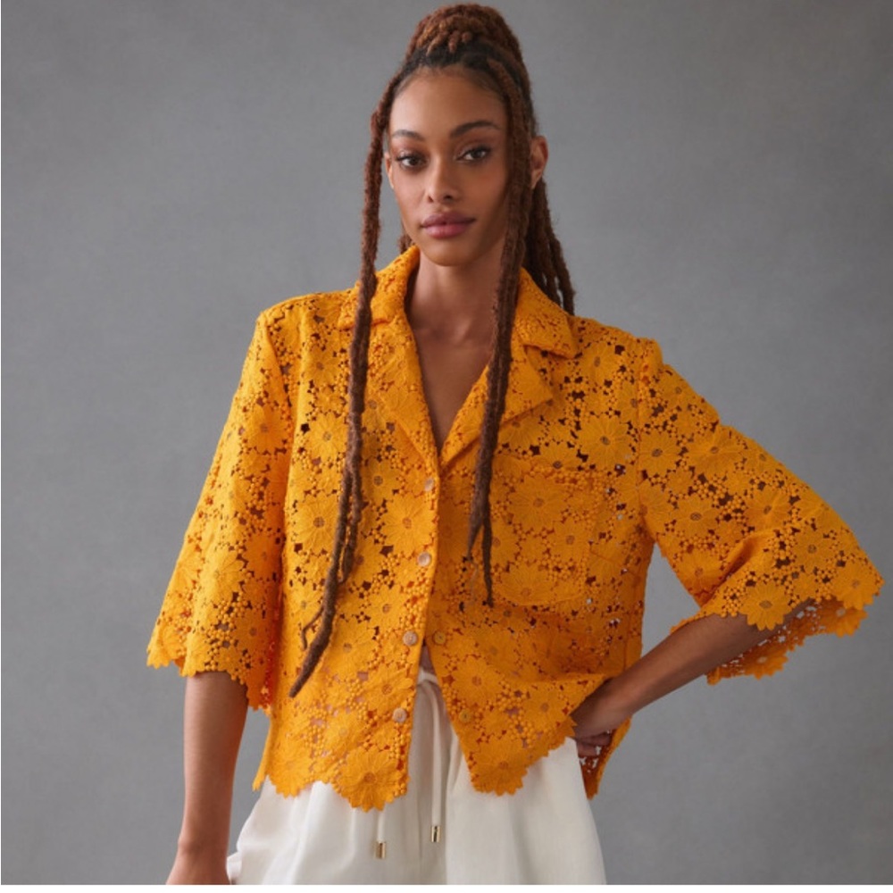 Anthropologie Maeve Orange Floral Lace button up top Sz Sm EUC - Picture 5 of 5